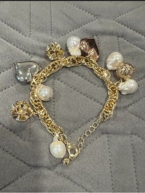Gold Baroque Freshwater Pearl Charm Bracelet - Women Jewelry